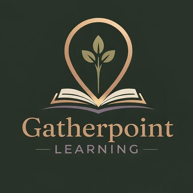 Gatherpoint Learning Logo and Text. A book that is open to a map pin with a small seedling growing from the center